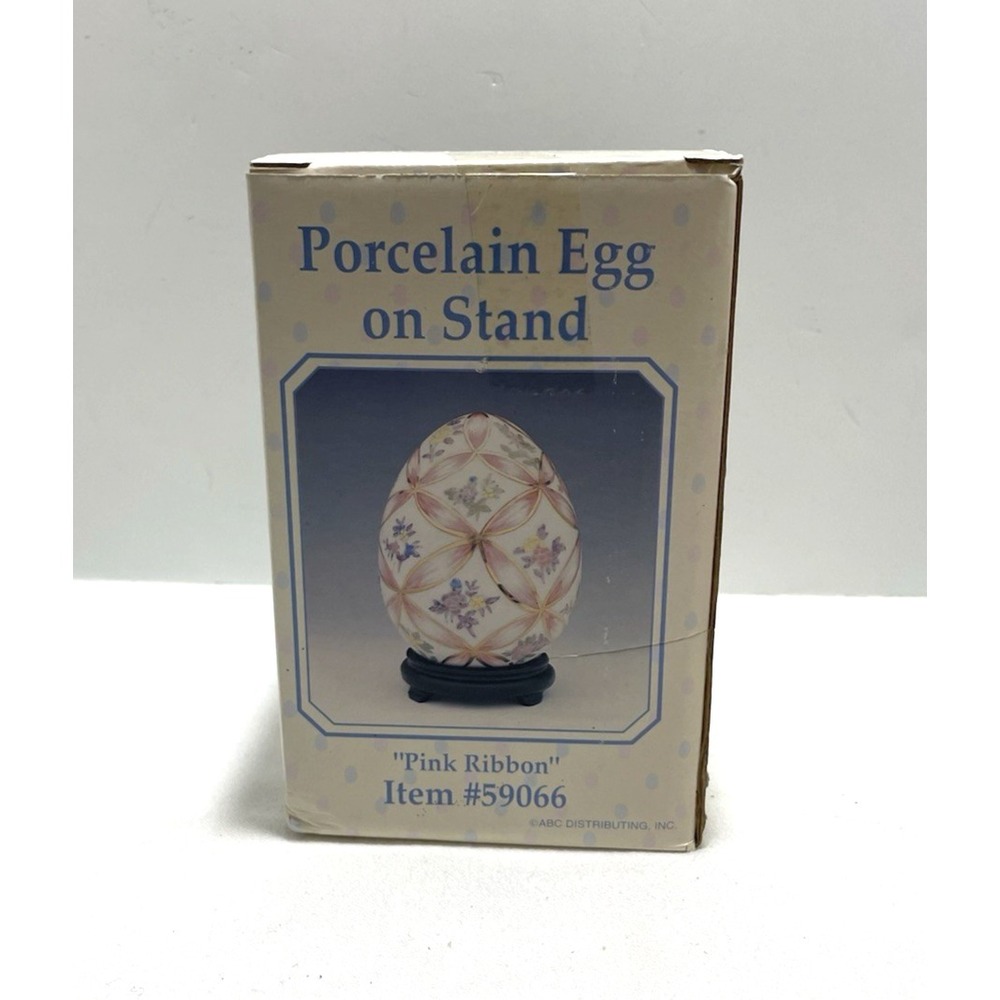 Vintage Hand Painted Porcelain Egg on Stand Floral Pink Ribbon Easter Cottage‎